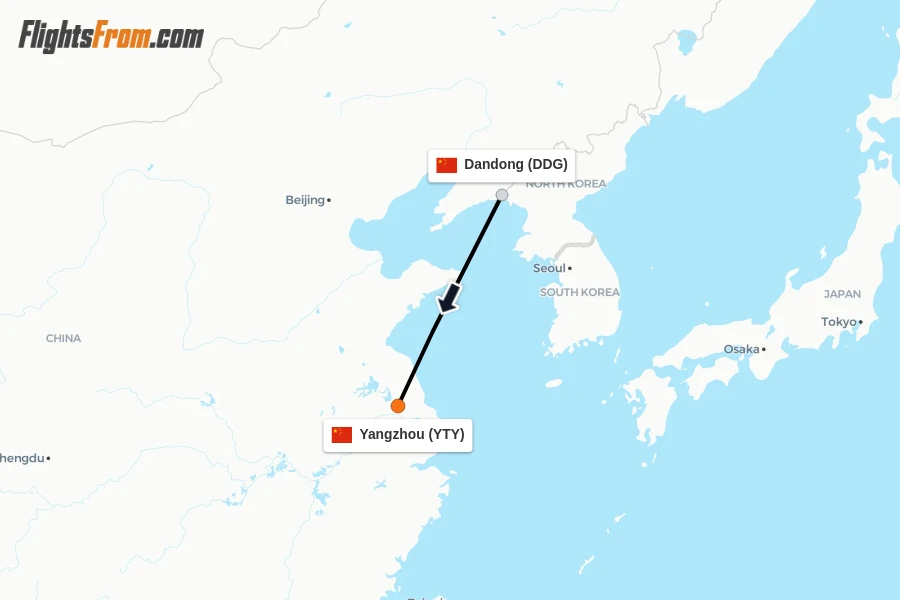 Flights from Dandong to Yangzhou route map