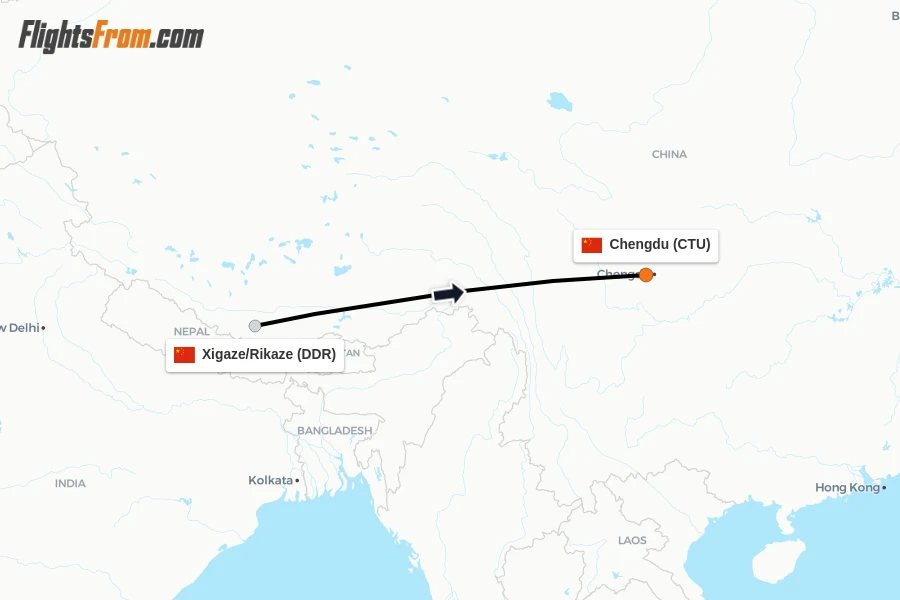 Flights from Xigaze/Rikaze to Chengdu route map