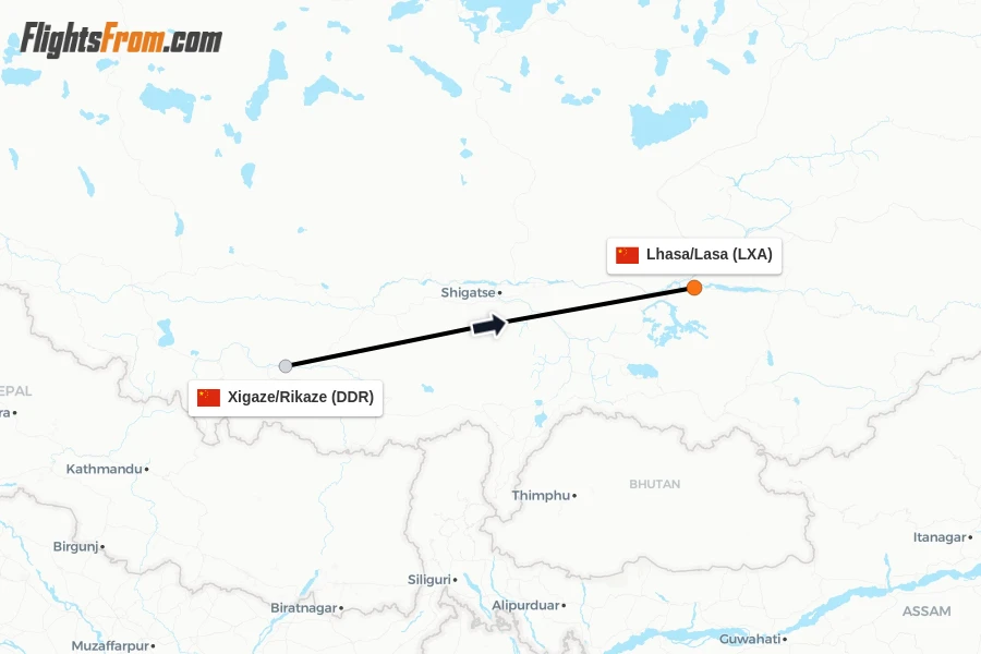 Flights from Xigaze/Rikaze to Lhasa/Lasa route map