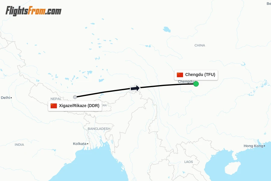 Flights from Xigaze/Rikaze to Chengdu route map