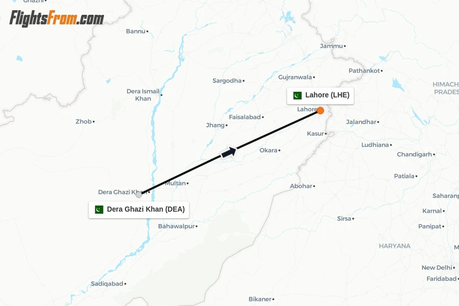 Flights from Dera Ghazi Khan to Lahore route map