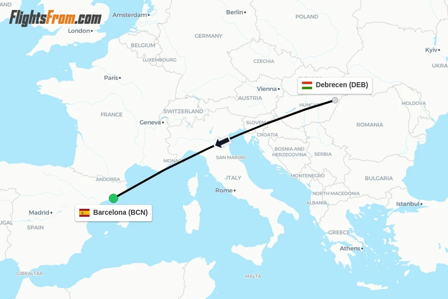 Flights from Debrecen to Barcelona route map