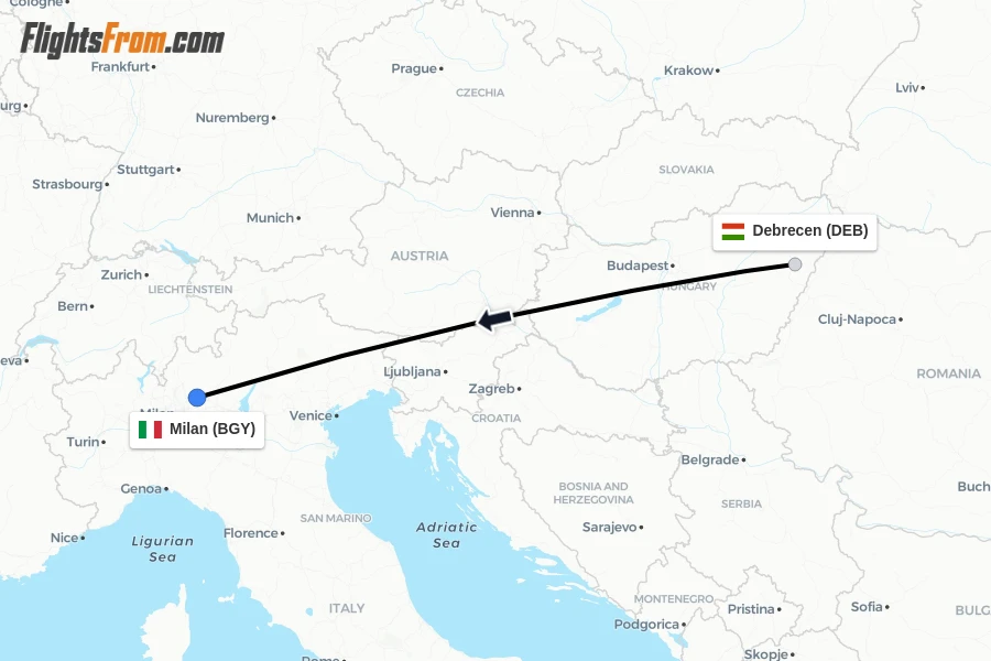 Flights from Debrecen to Milan route map