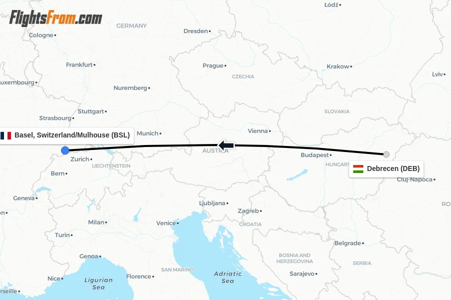 Flights from Debrecen to Basel, Switzerland/Mulhouse route map