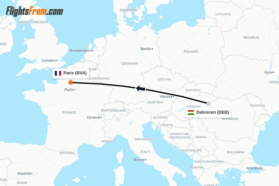 Flights from Debrecen to Paris route map