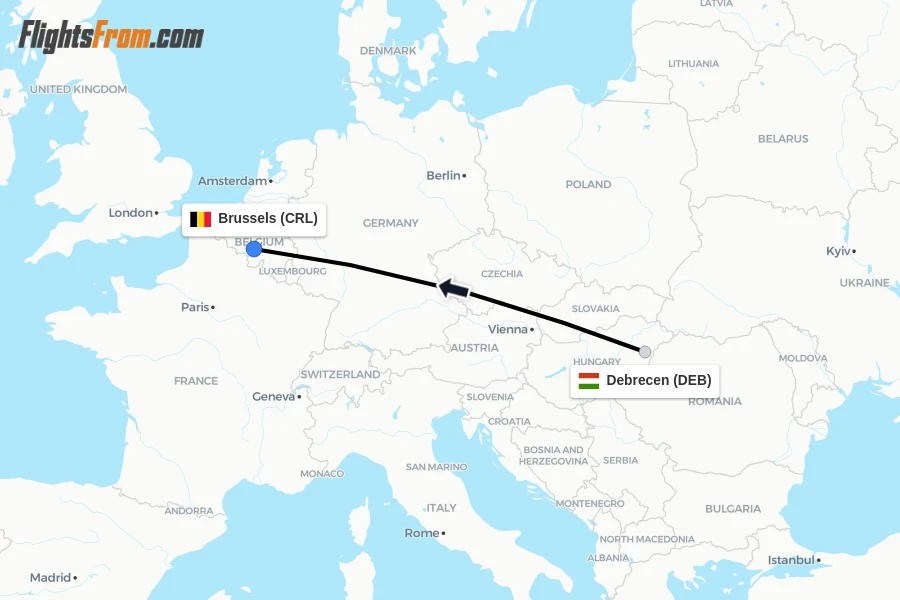 Flights from Debrecen to Brussels route map