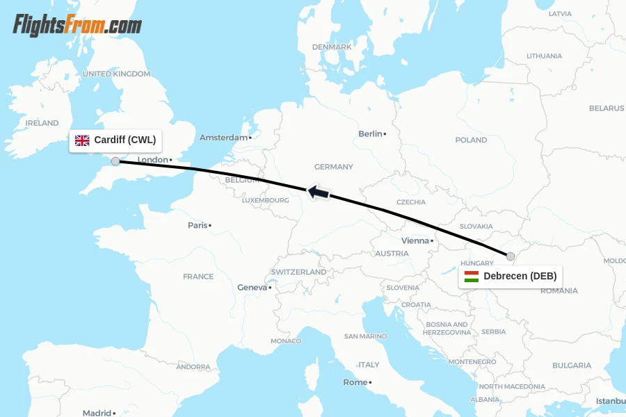 Flights from Debrecen to Cardiff route map