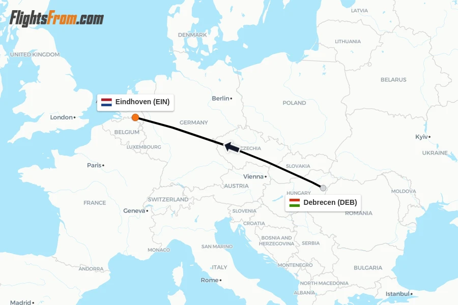 Flights from Debrecen to Eindhoven route map