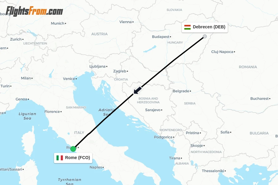 Flights from Debrecen to Rome route map
