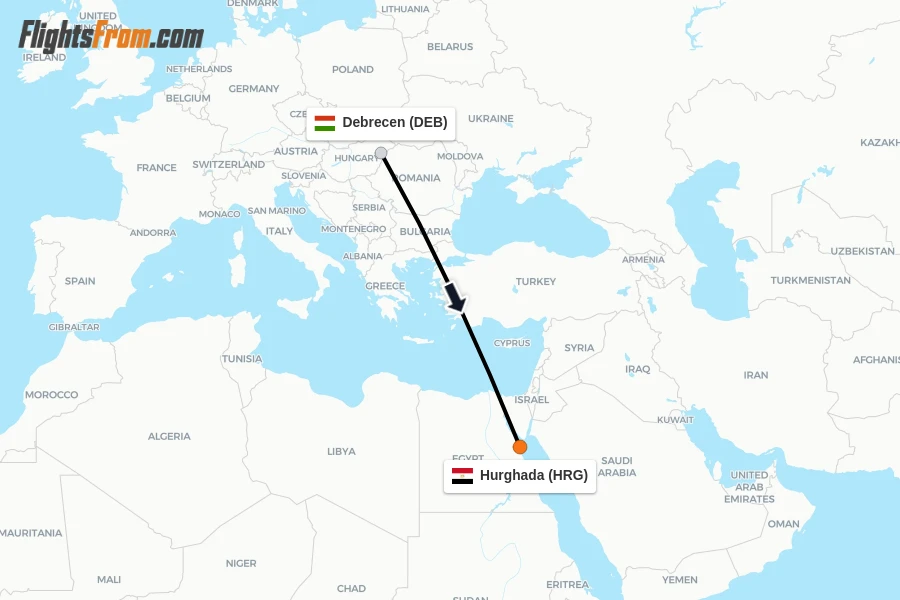 Flights from Debrecen to Hurghada route map