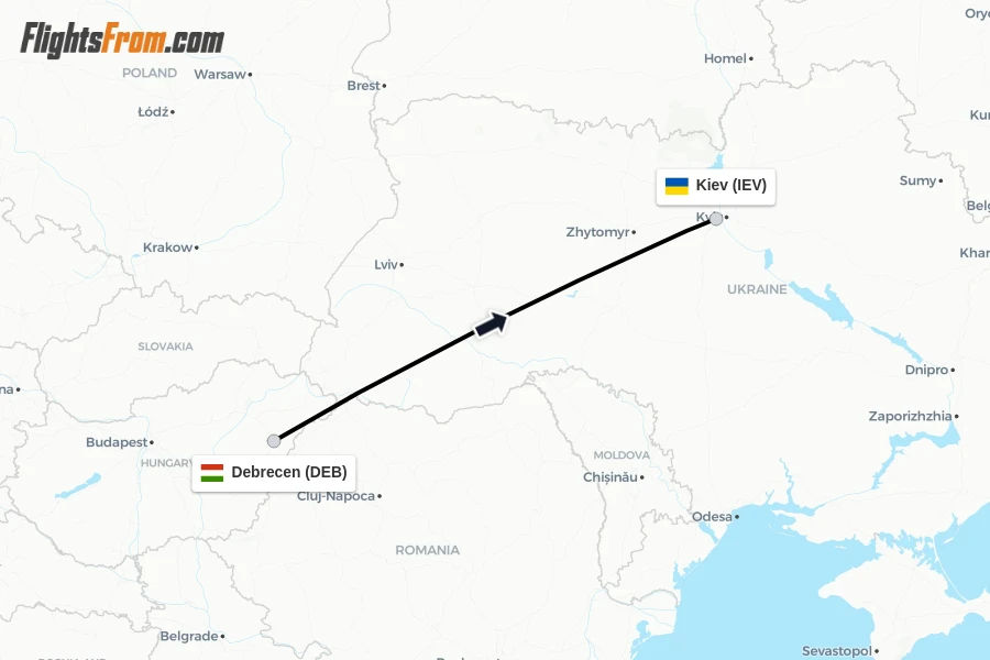 Flights from Debrecen to Kiev route map