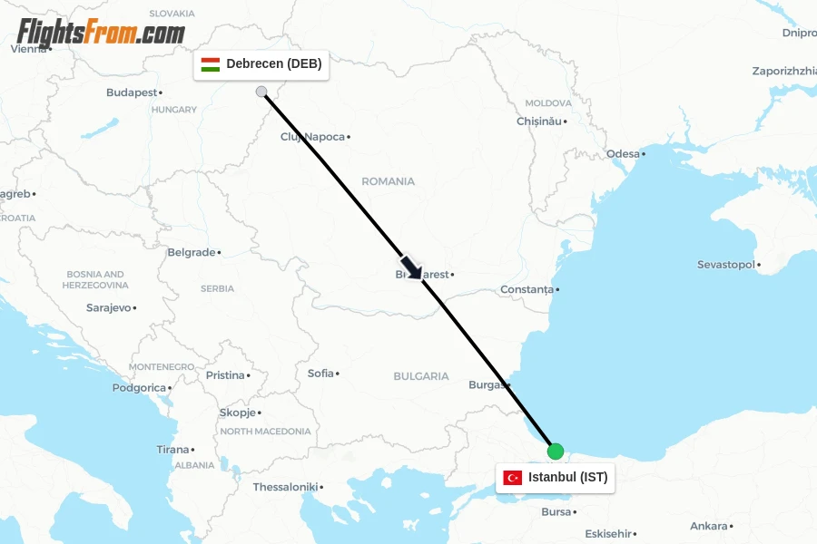 Flights from Debrecen to Istanbul route map
