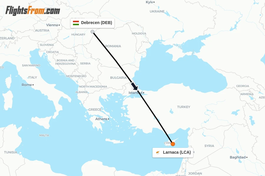 Flights from Debrecen to Larnaca route map