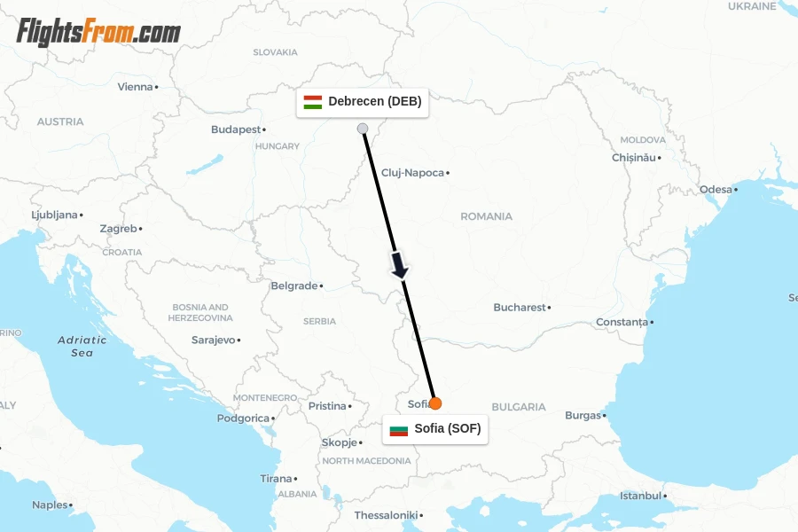 Flights from Debrecen to Sofia route map