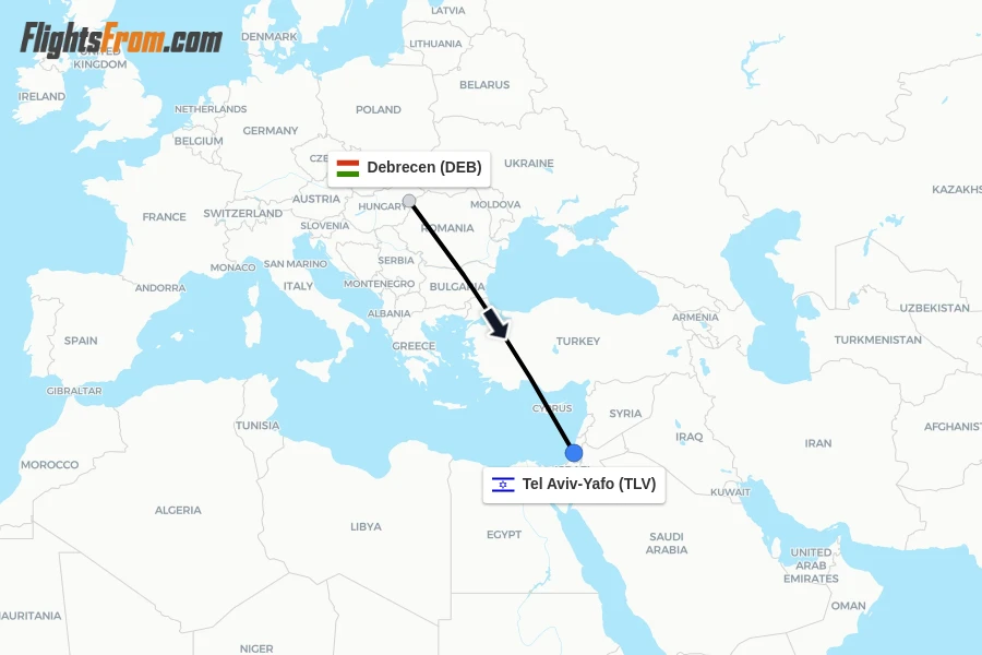 Flights from Debrecen to Tel Aviv-Yafo route map