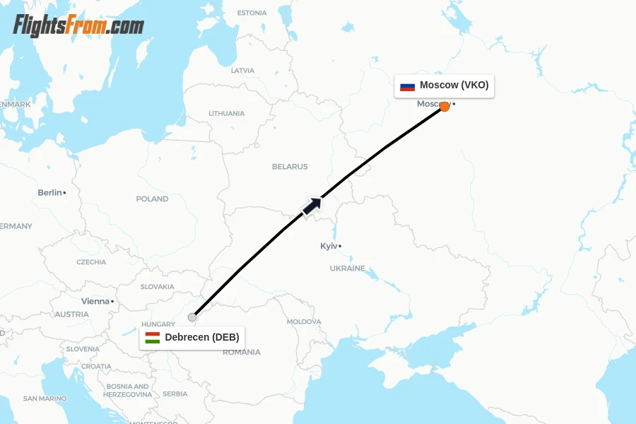 Flights from Debrecen to Moscow route map