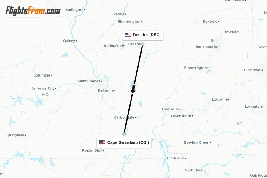 Flights from Decatur to Cape Girardeau route map