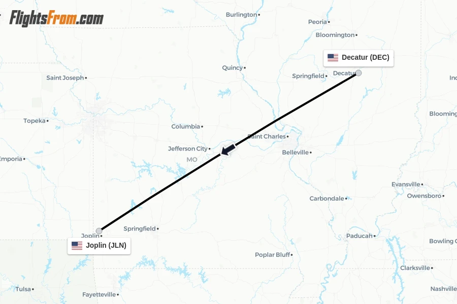 Flights from Decatur to Joplin route map