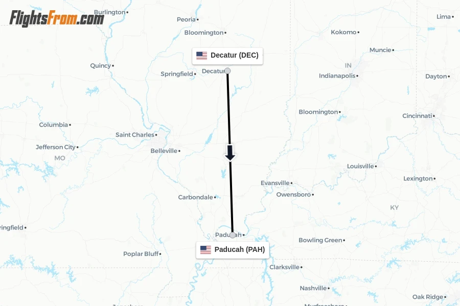 Flights from Decatur to Paducah route map
