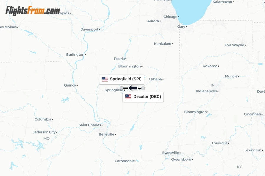 Flights from Decatur to Springfield route map