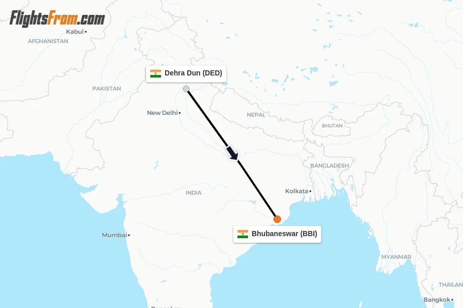 Flights from Dehra Dun to Bhubaneswar route map