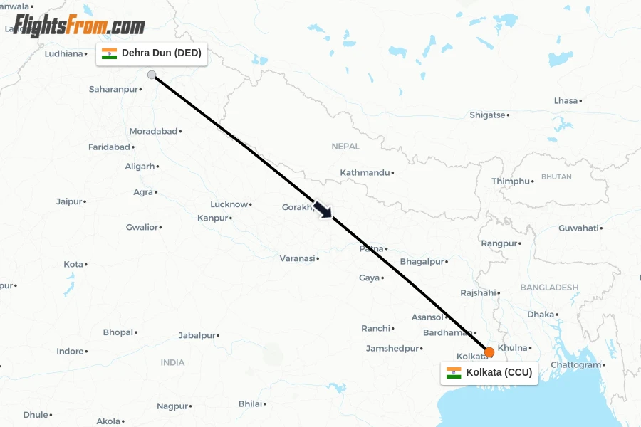 Flights from Dehra Dun to Kolkata route map