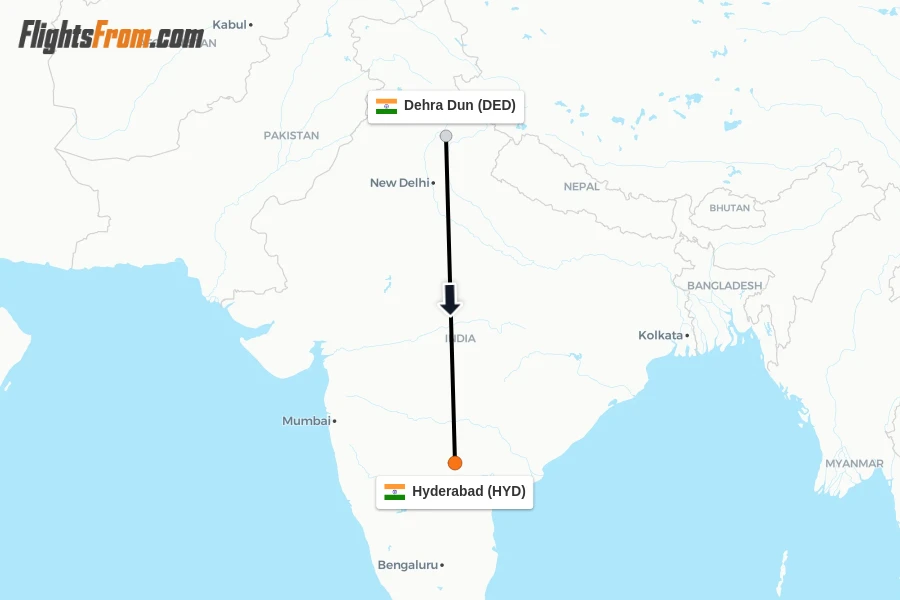 Flights from Dehra Dun to Hyderabad route map