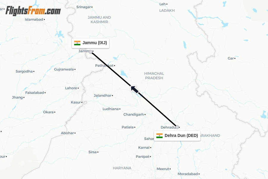 Flights from Dehra Dun to Jammu route map