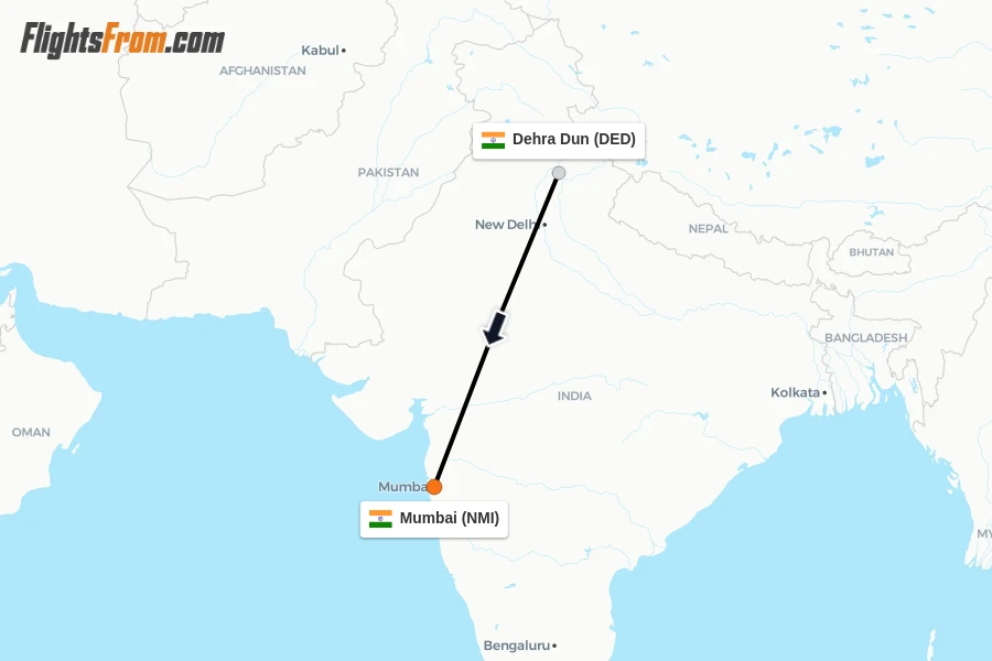 Flights from Dehra Dun to Mumbai route map