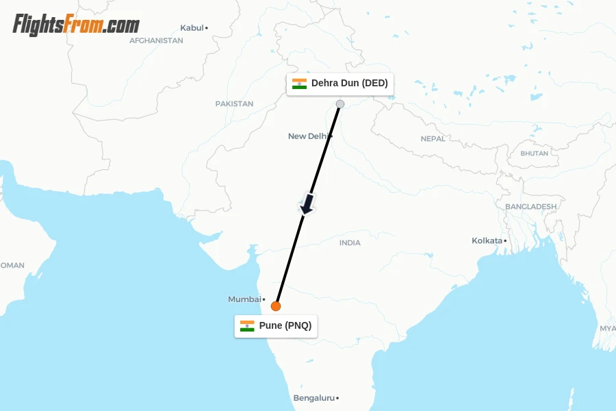 Flights from Dehra Dun to Pune route map