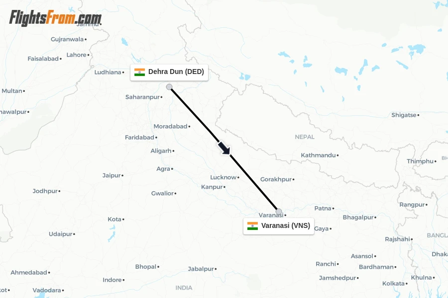 Flights from Dehra Dun to Varanasi route map