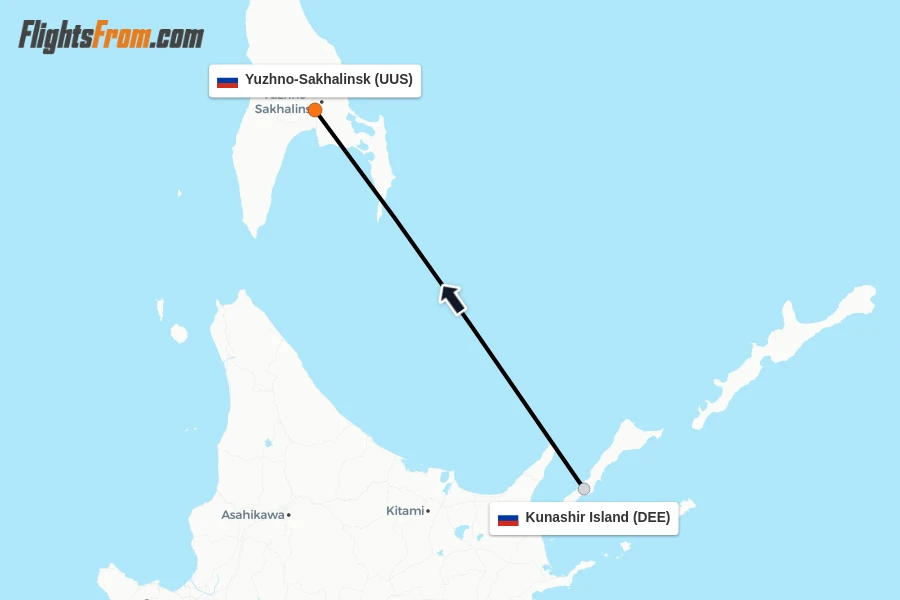 Flights from Kunashir Island to Yuzhno-Sakhalinsk route map