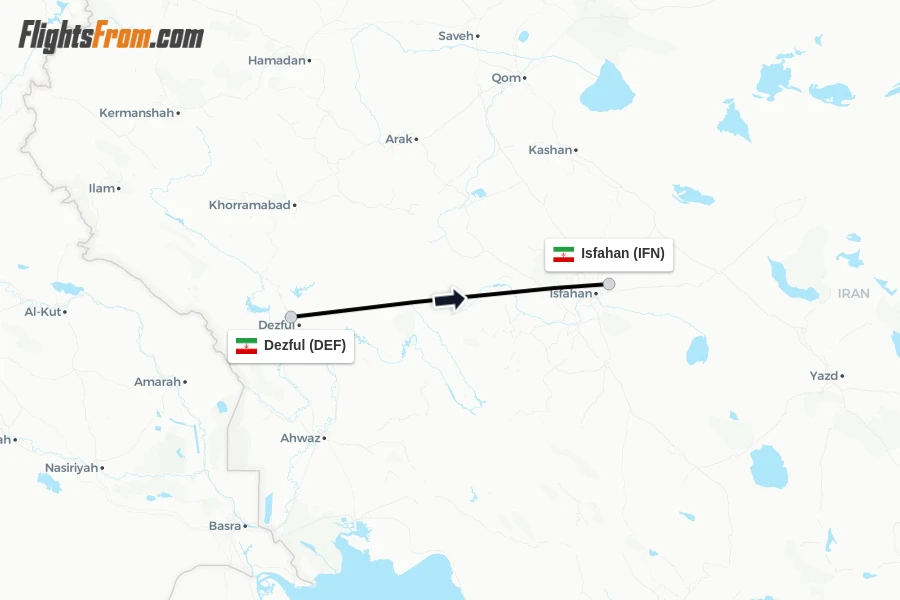Flights from Dezful to Isfahan route map