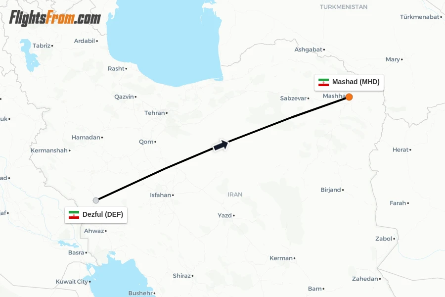 Flights from Dezful to Mashad route map