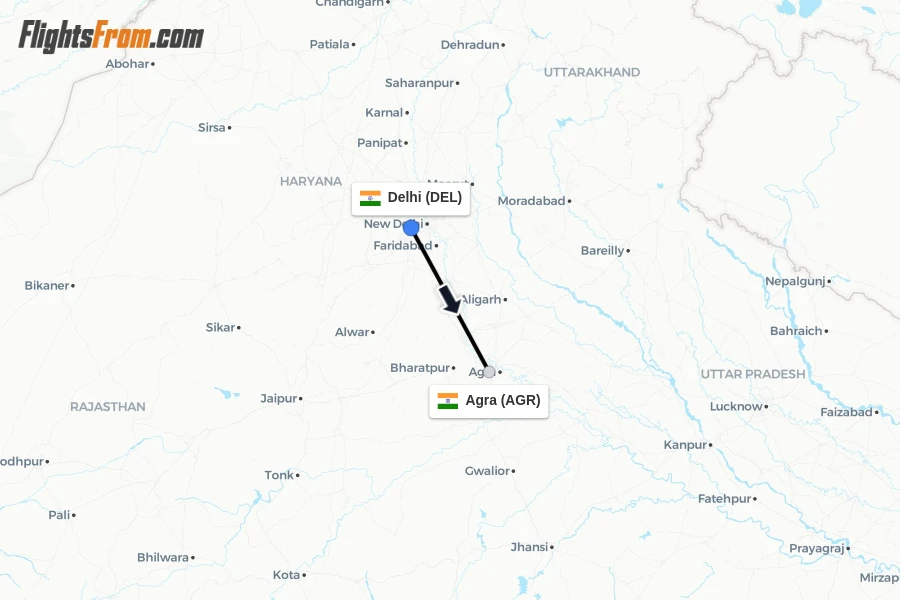 Flights from Delhi to Agra route map