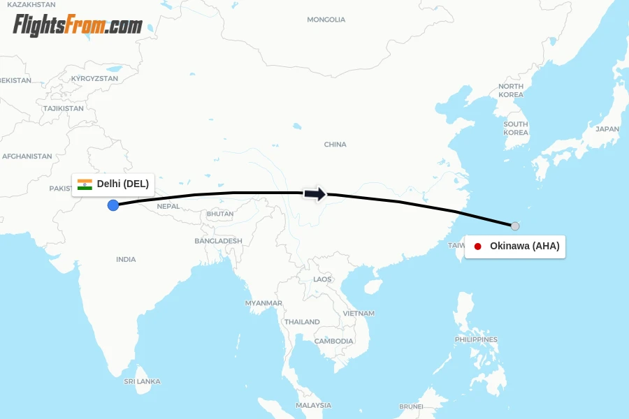 Flights from Delhi to Okinawa route map
