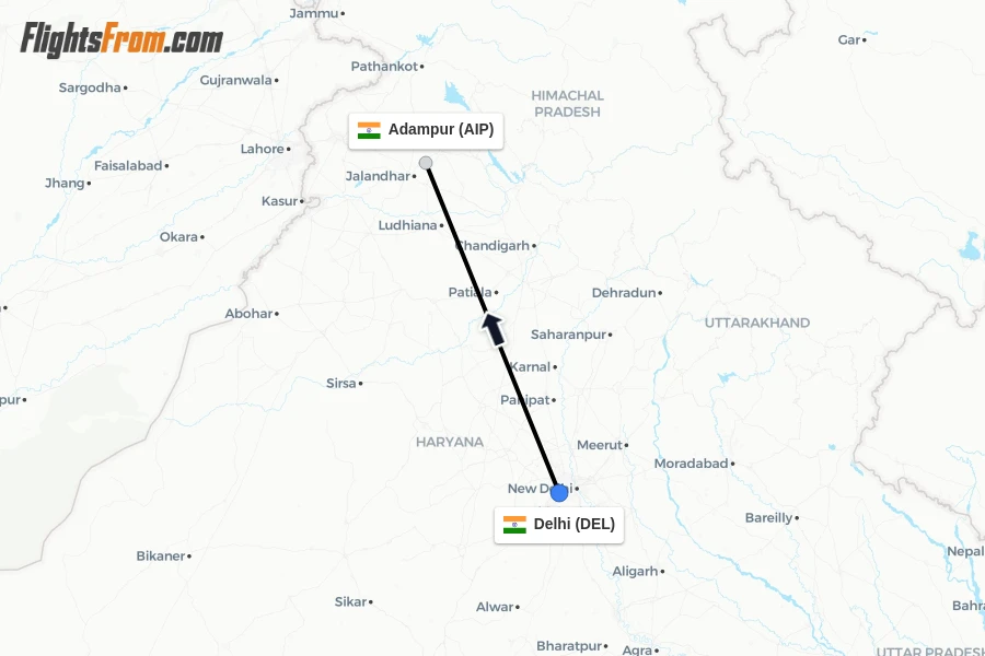 Flights from Delhi to Adampur route map
