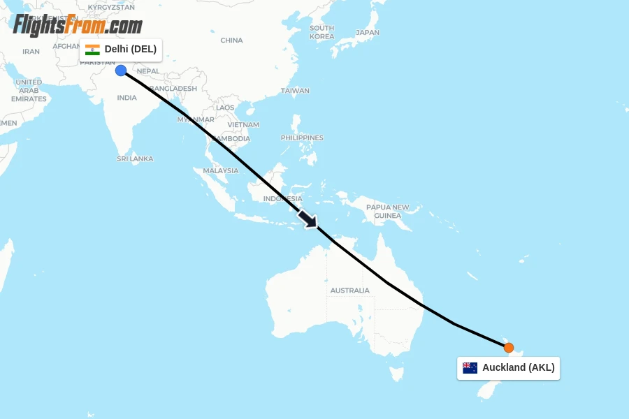 Flights from Delhi to Auckland route map