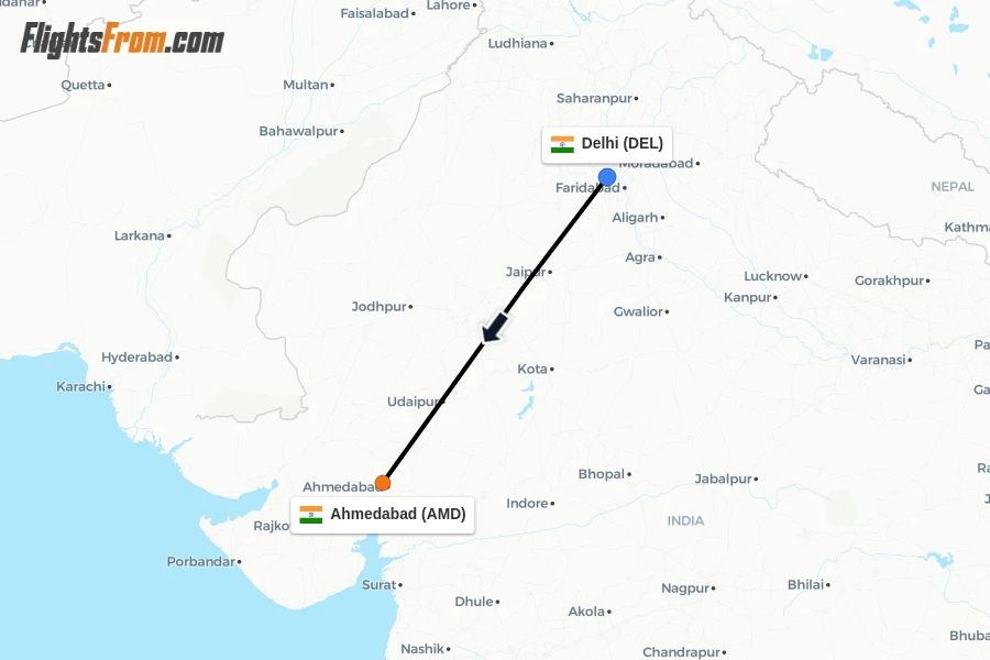 Flights from Delhi to Ahmedabad route map