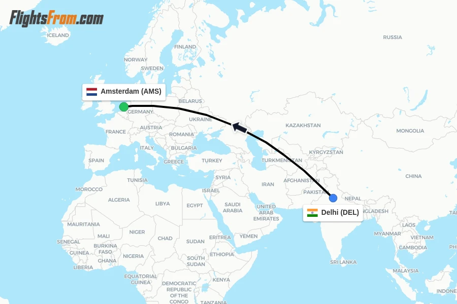 Flights from Delhi to Amsterdam route map