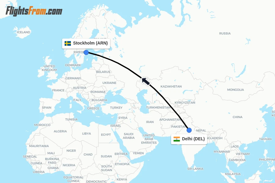 Flights from Delhi to Stockholm route map
