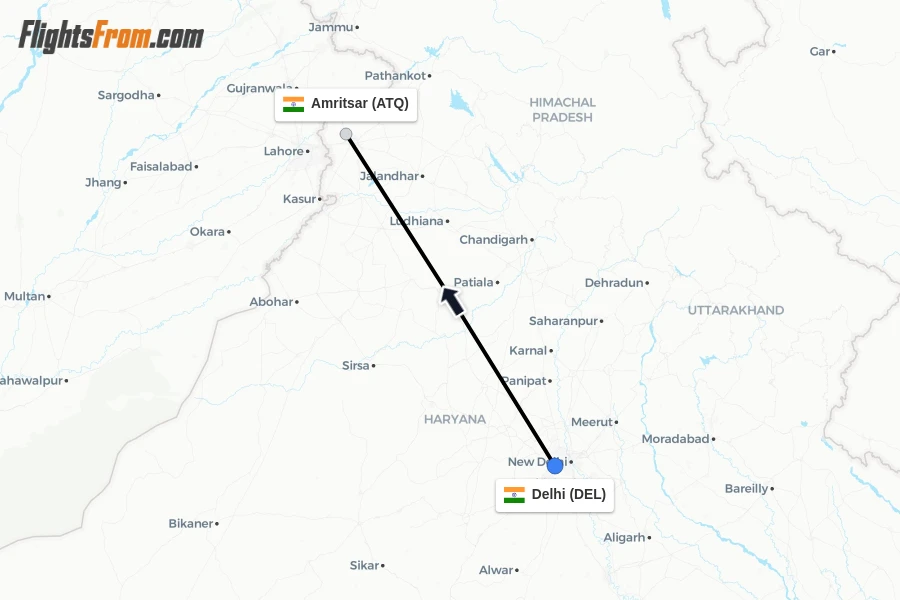 Flights from Delhi to Amritsar route map