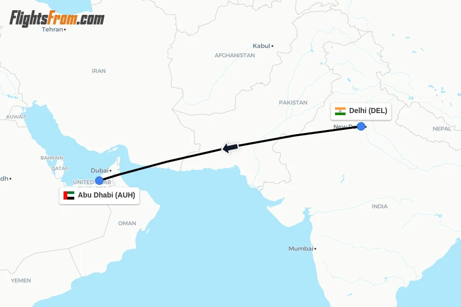 Flights from Delhi to Abu Dhabi route map