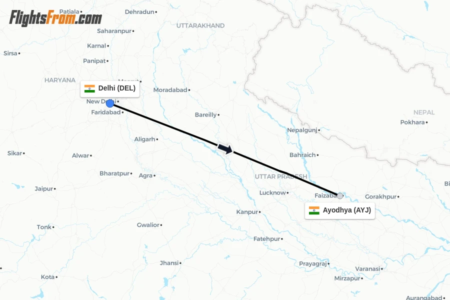 Flights from Delhi to Ayodhya route map