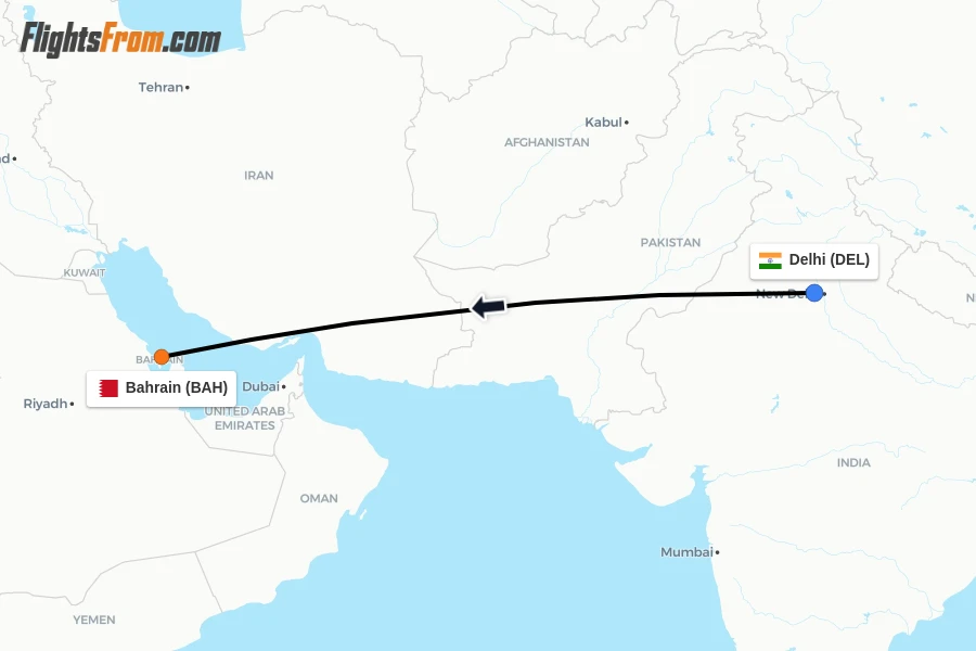 Flights from Delhi to Bahrain route map