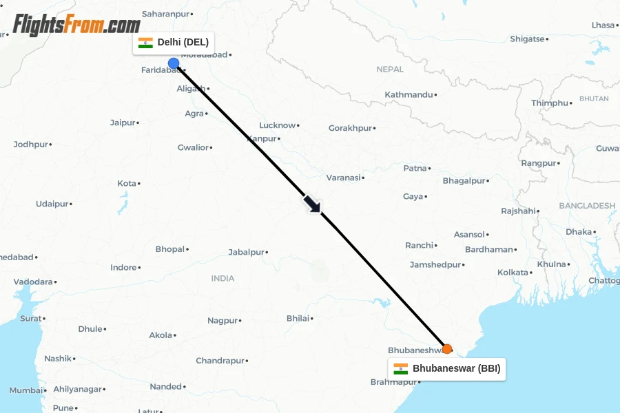 Flights from Delhi to Bhubaneswar route map