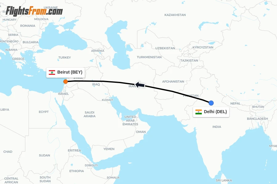 Flights from Delhi to Beirut route map