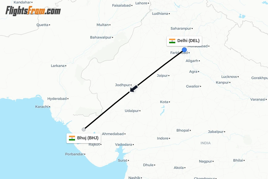 Flights from Delhi to Bhuj route map