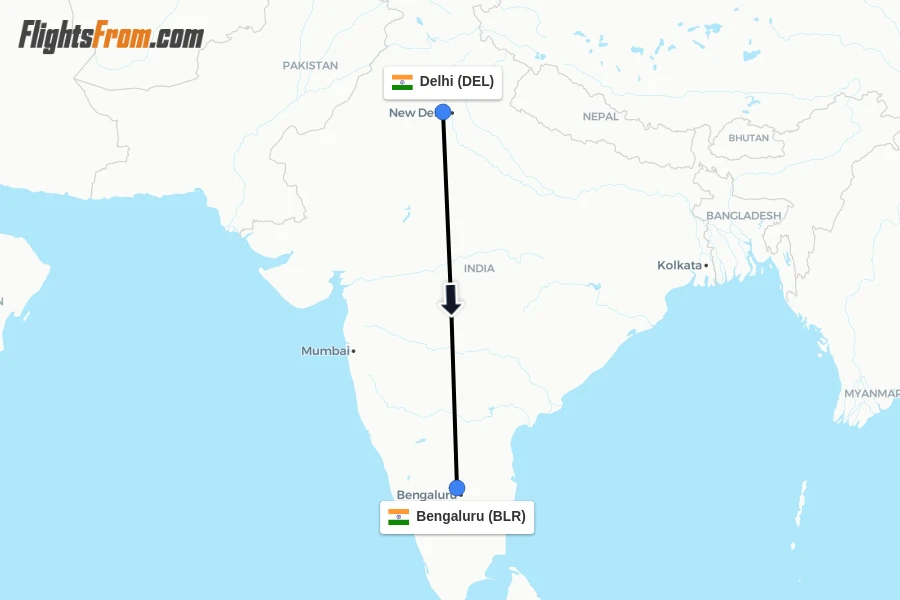 Flights from Delhi to Bengaluru route map