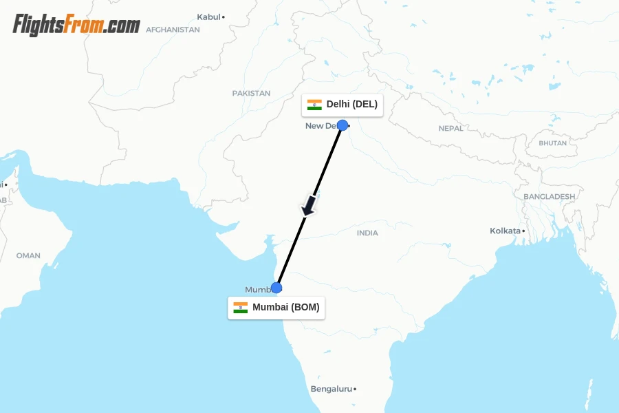 Flights from Delhi to Mumbai route map